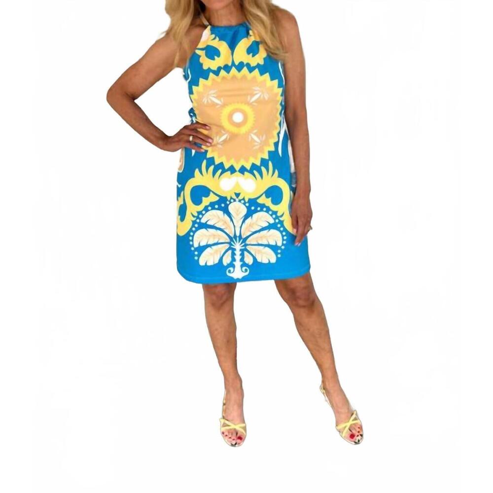 NEW MICHELLE PARISOU women's printed halter dress in blue/white/yellow